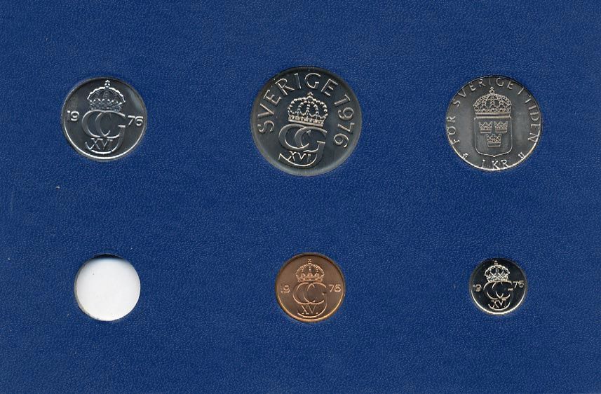 Швеция 5, 10, 50 эре и 1, 5 крон 1976 Карл XVI Густав (1973- ) в картоне набора монетного двора UNC 7-5-7-273