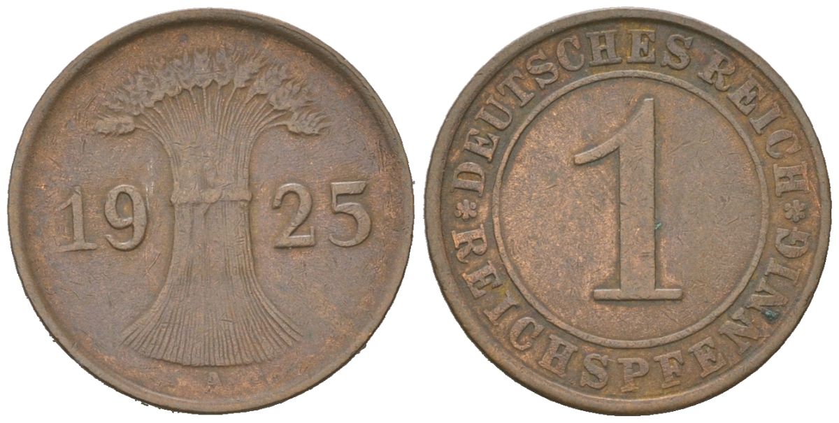 Германия 1 рейхспфенниг 1925 A KM 37, J. 313 бронза 3955-1118