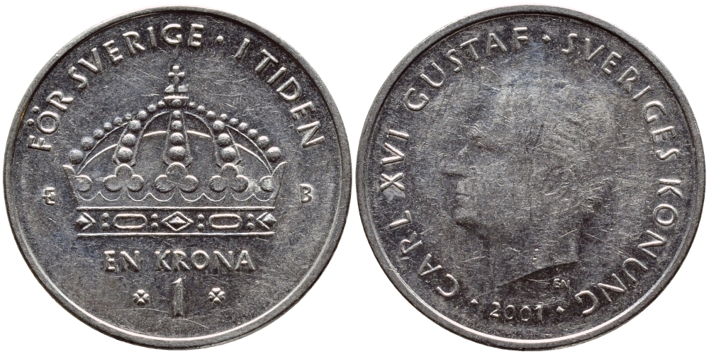 Швеция 1 крона 2001 Карл XVI Густав (1973- ) KM 894 медно-никель 4364-2921
