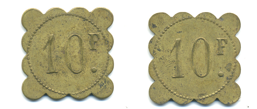 ФРАНЦИЯ 10 ФРАНКОВ НАЧАЛО XX ВЕКА 25 x 25 мм, вес около 3,85 гр., платежный жетон., платежный жетон латунь 89-1122