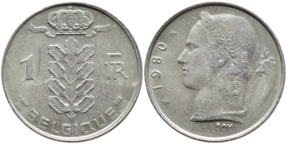 БЕЛЬГИЯ 1 ФРАНК 1980 BELGIQUE KM 142.1 медно-никель 3999-517