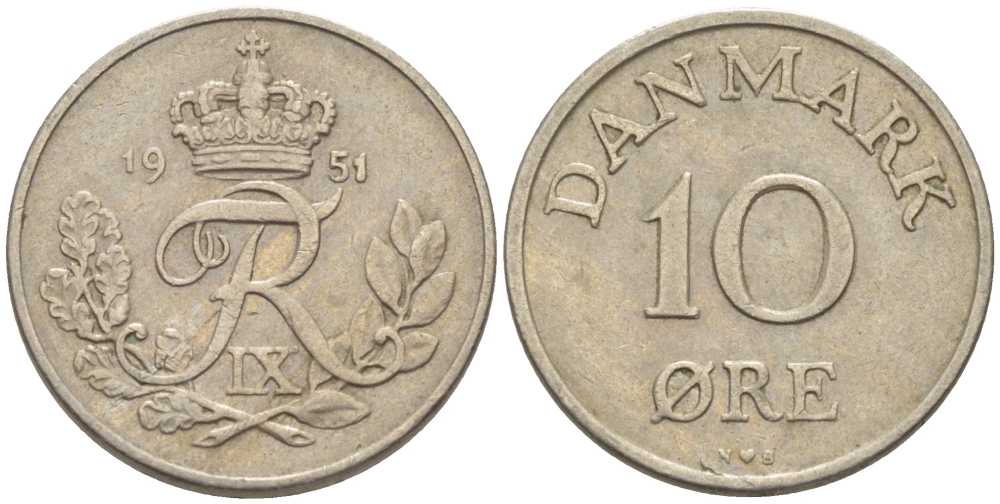 Дания 10 эре 1951 N; S, Фредерик IX (1947-1972) KM 841 медно-никель 4383-466