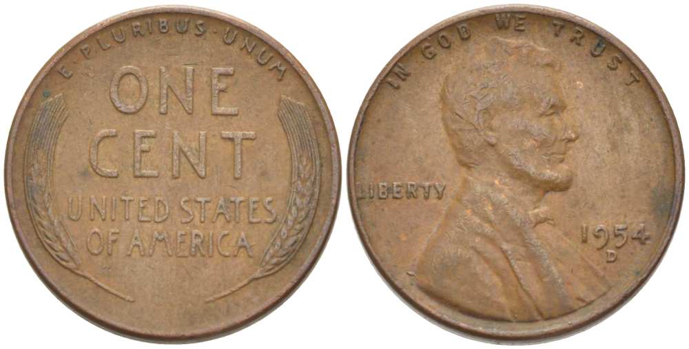 США 1 ЦЕНТ 1954 D, ЛИНКОЛЬН KM А132 медь цинк 218-635