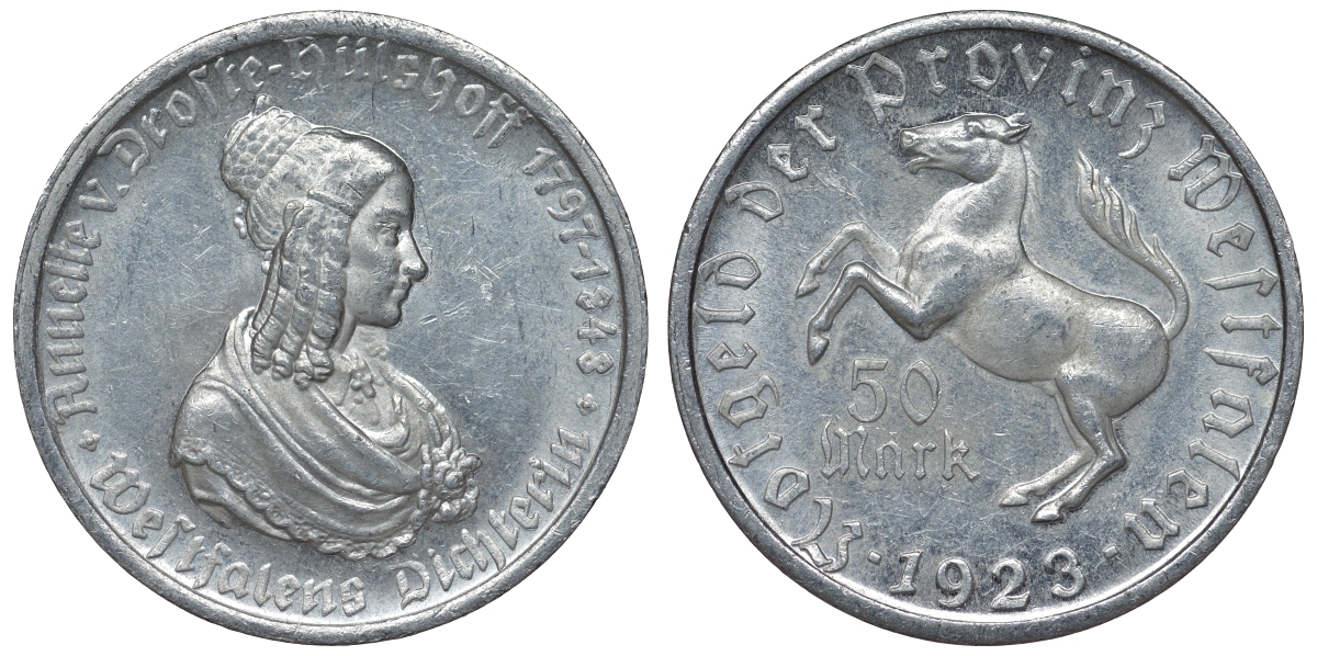 Германия, Вестфалия 50 марок 1923 северный Рейн-Вестфалия, нотгельд, дама алюминий 4123-134