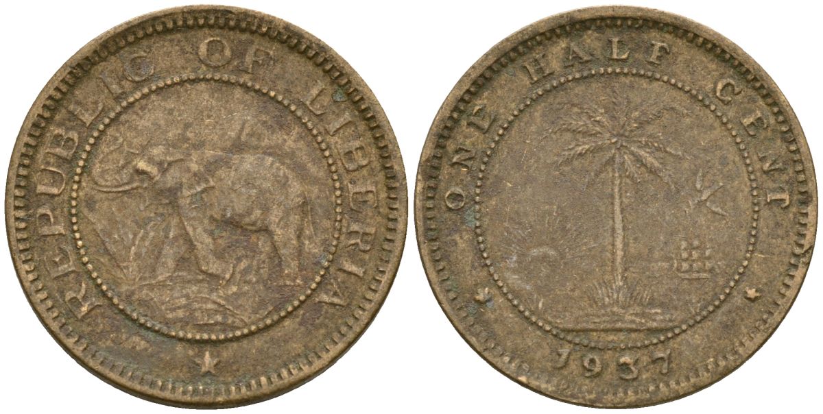 Либерия 1/2 цента 1937 KM 10 латунь 4174-357