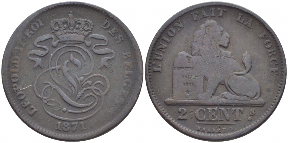 БЕЛЬГИЯ 2 САНТИМА 1871 BELGES KM 35.1 медь 4448-632