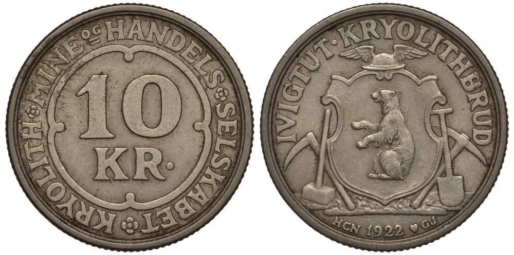 Гренландия 10 крон 1922 криолитовые шахты KM Tn49 медно-никель 1527-713