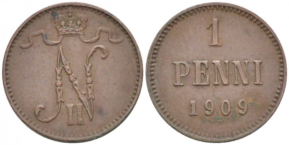 Россия для Финляндии 1 пенни 1909 Николай II (1894-1917) KM 13, Биткин 470 медь 4396-1321