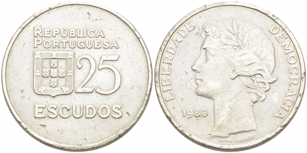 Португалия 25 эскудо 1980 первый год KM 607а медно-никель 4403-841