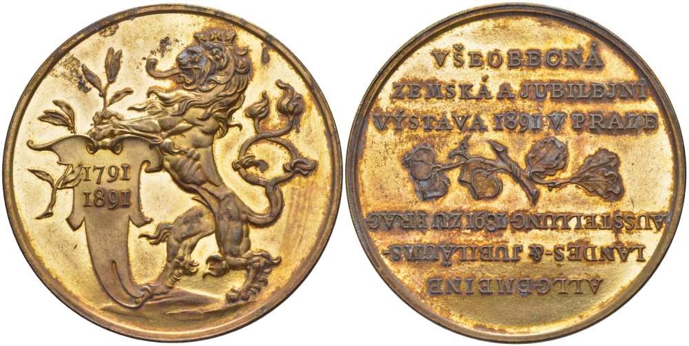 БОГЕМИЯ МЕДАЛЬ 1891 МЕЖДУНАРОДНАЯ ЮБИЛЕЙНАЯ ВЫСТАВКА В ПРАГЕ (1791-1891), ДИАМЕТР 36,5 ММ. жёлтый металл 4184-712