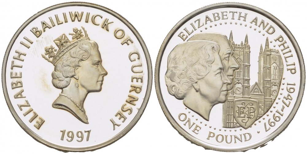 Гернси 1 фунт 1997 Елизавета и Филлип, золотая свадьба KM 70 серебро PROOF 02-264-66