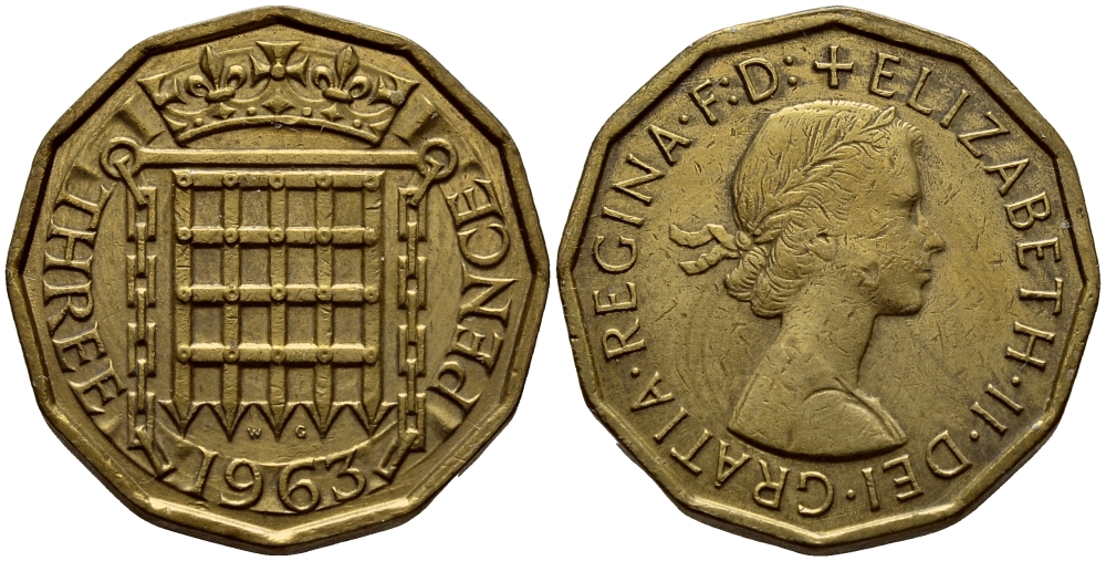 Великобритания 3 пенса 1963 Елизавета II (1952-2022) KM 900, Spink 4153 никель латунь 4393-357