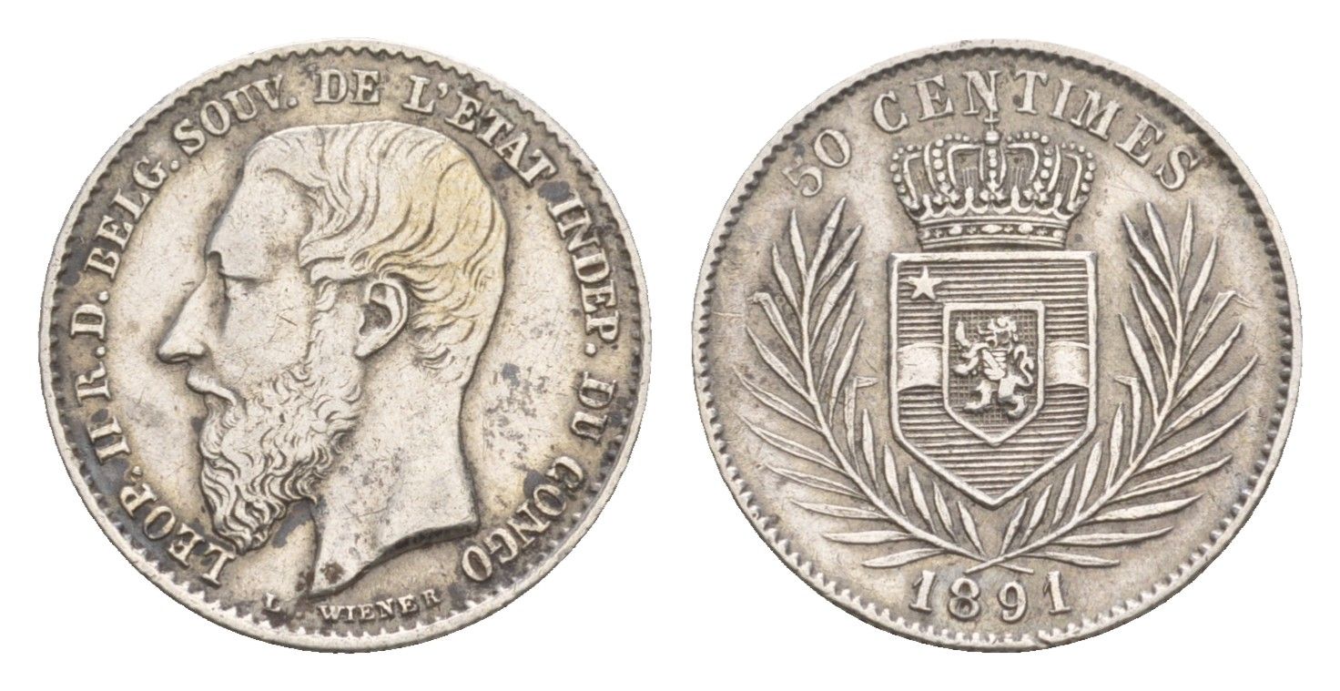 Бельгийское Конго 50 сантимов 1891 Свободное государство Конго KM 5 серебро 00-801-42