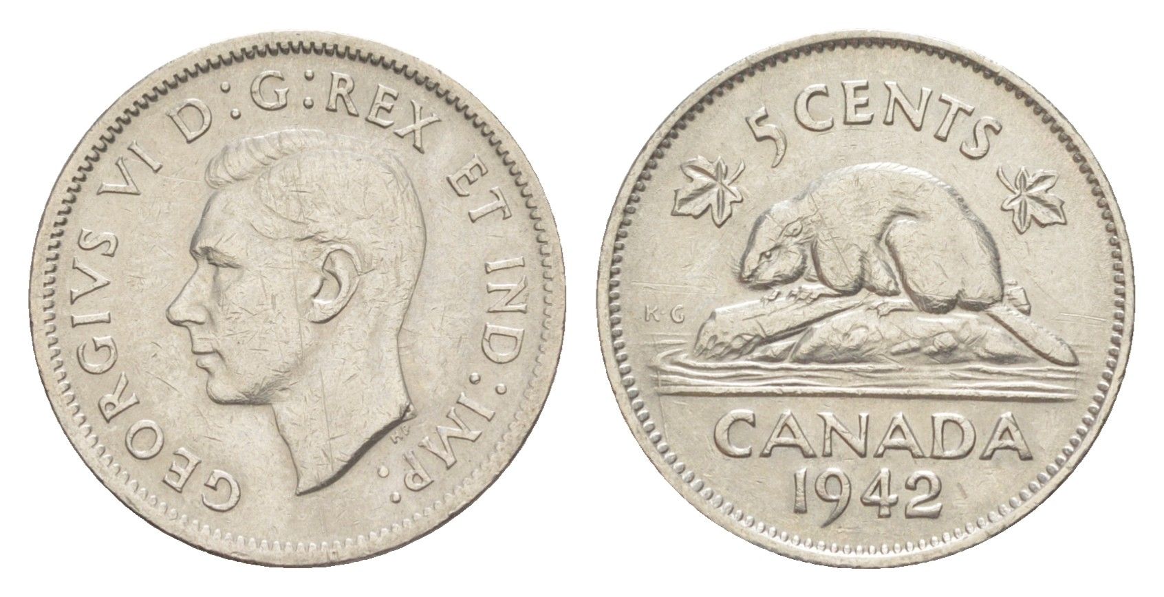 Канада 5 центов 1942 Георг VI (1936-1952), бобр KM 33 никель 4639-424