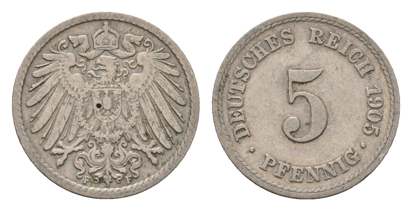 Германия 5 пфеннигов 1905 F, Вильгельм II (1888-1918) KM 11, J. 12 медно-никель 4636-112