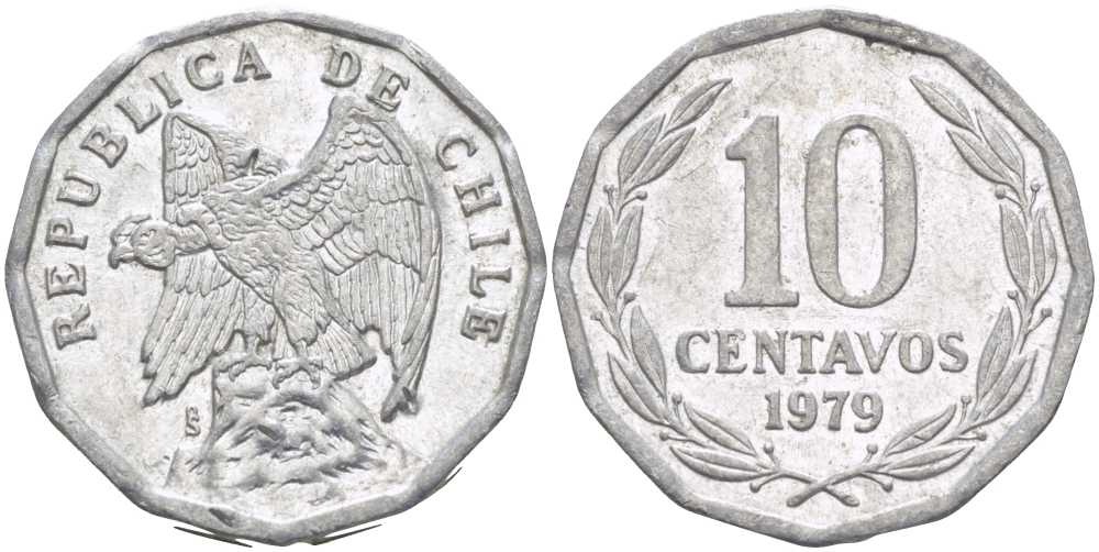 Чили 10 сентаво 1979 KM 205a алюминий 4402-425