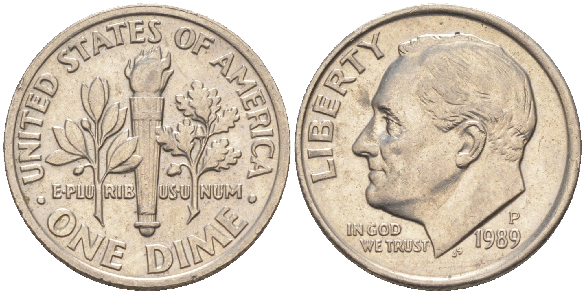 США 10 ЦЕНТОВ = 1 ДАЙМ 1989 P, РУЗВЕЛЬТ KM 195a медь плакированная медно-никелем 187-1063