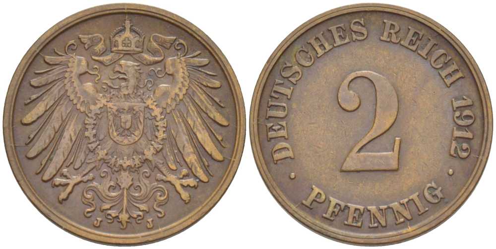 Германия 2 пфеннига 1912 J KM 16, J. 11, Weege 4 медь 206-623