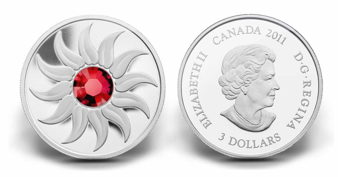 Канада 3 доллара 2011 на день рождения, июль, камень месяца рубин KM NEW серебро PROOF 4-3-4-31