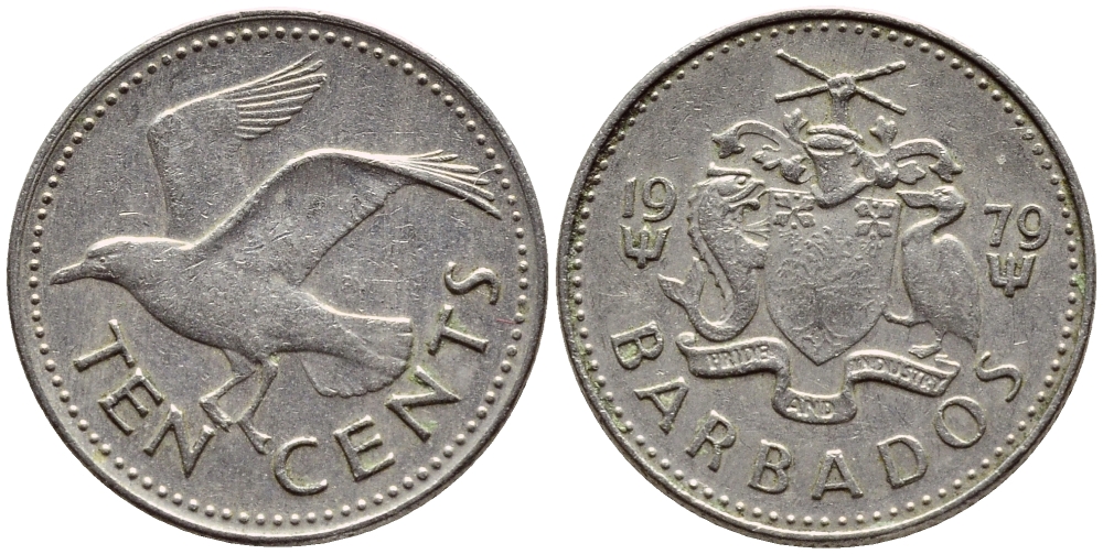 Барбадос 10 центов 1979 смеющаяся (Ацтекская) чайка KM 12 медно-никель 4396-1221