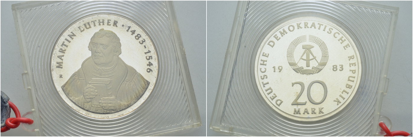 ГДР 20 марок 1983 A, 500 лет со дня рождения Мартина Лютера (1483-1546), в оригинальной коробке с пломбой J.1591, KM 94 серебро PROOF 10-005-81