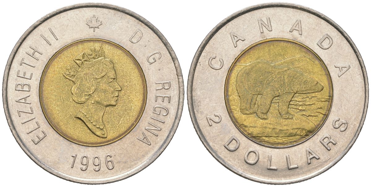 Канада 2 доллара 1996 Елизавета II (1952-2022), полярный медведь KM 270 биметалл UNC 190-737