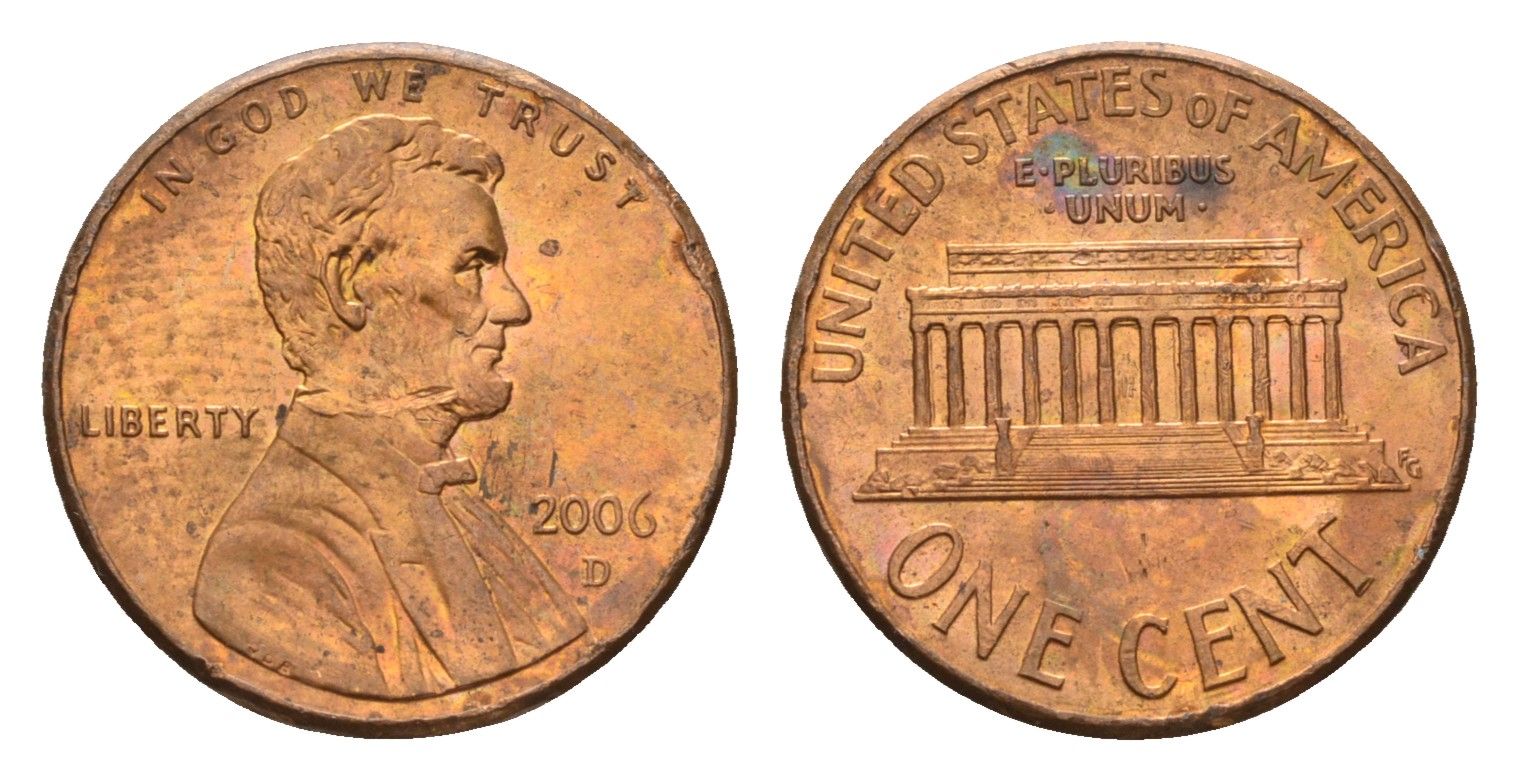 США 1 цент 2006 D, Линкольн KM 201b цинк плакированный медью UNC 188-957