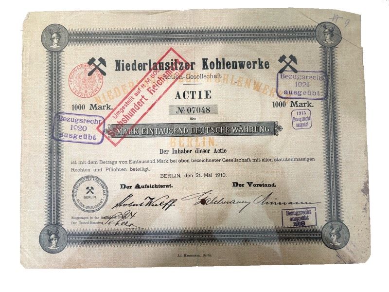 Германия акция в 1000 марок 1920 компании «Niederlausitzer Kohlenwerke» / Нижнелужицкие угольные заводы в Берлине. бумага 5555-25