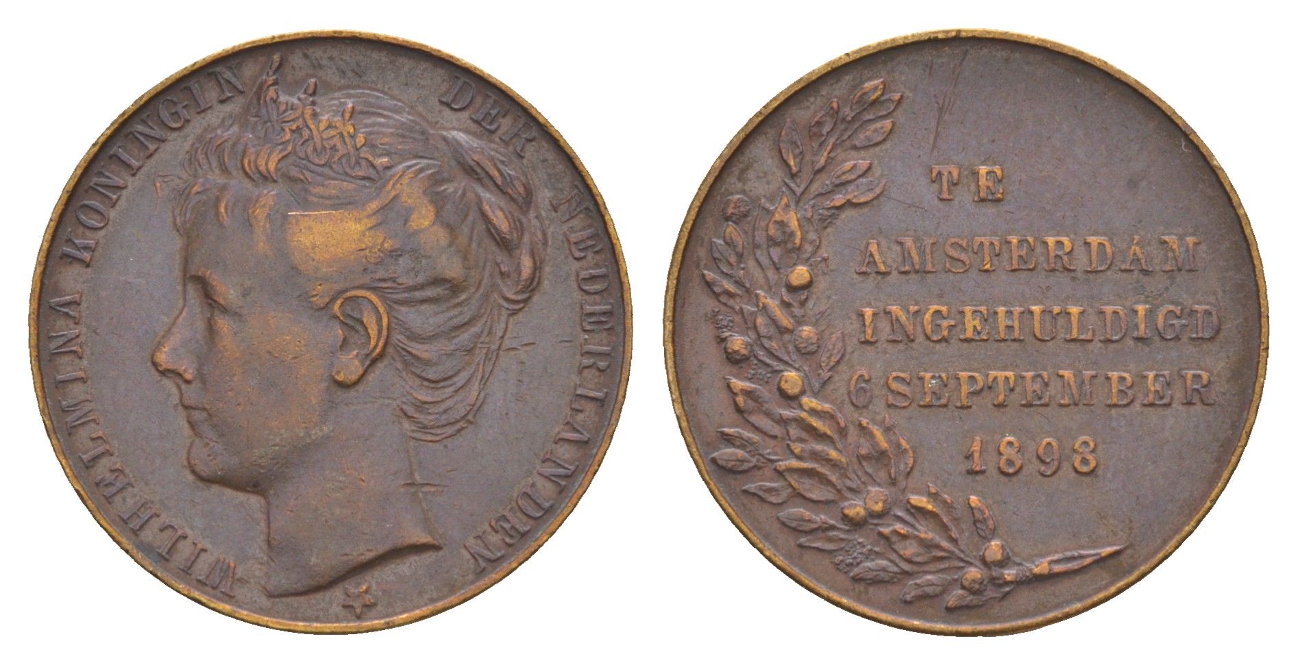 Нидерланды медаль "Коронация Вильгельмины " 1898 Коронация Вильгельмины 6 сентября 1898 года на престол Нидерландов, диаметр 23,8 мм, вес 7,14 гр медь 4044-941
