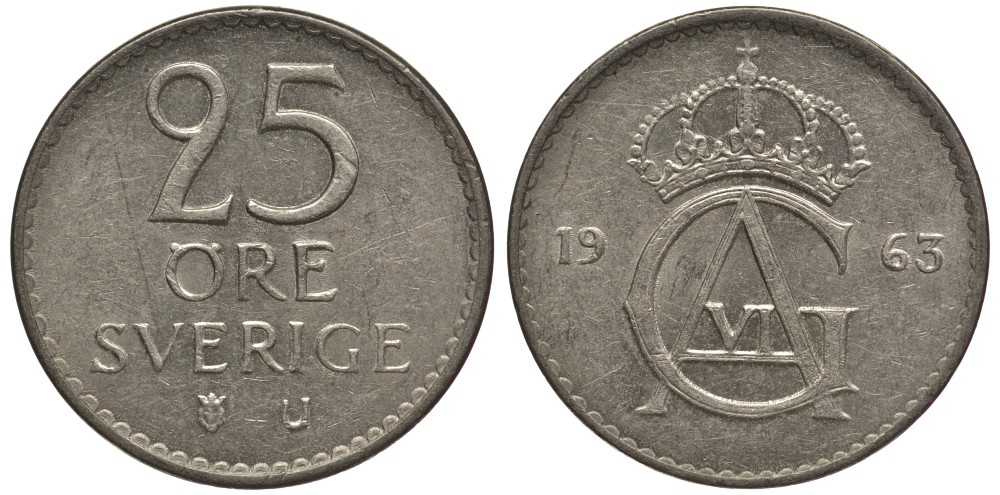 Швеция 25 эре 1963 U, Густав VI Адольф (1950-1973) KM 836 медно-никель 112-917