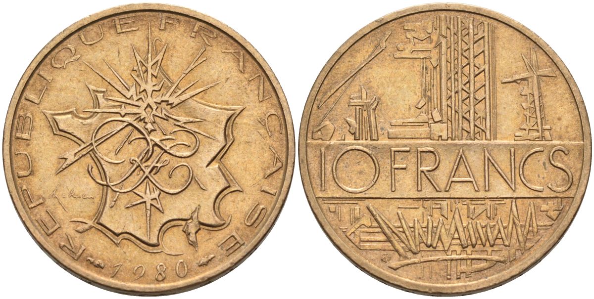 Франция 10 франков 1980 тип Матье KM 940, Le Franc 365.15-16 никель латунь 4593-546