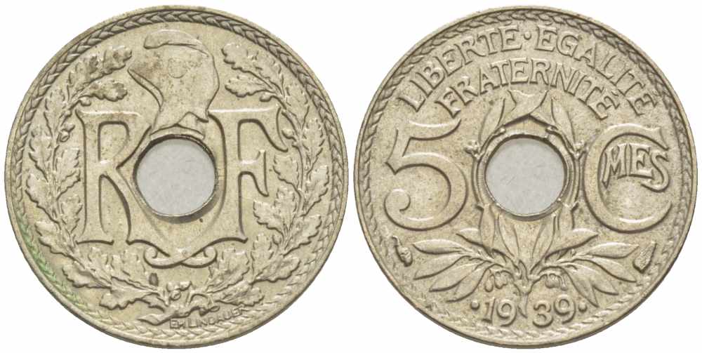 Франция 5 сантимов 1939 (.1939.), тип Линдауэр KM 875а, Le Franc 123.5 никель-бронза 105-416