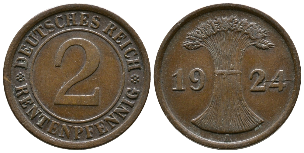 ГЕРМАНИЯ 2 РЕНТЕНПФЕННИГА 1924 A KM 31, J.307 бронза 86-1237