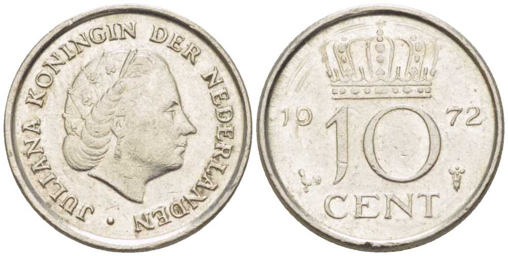 Нидерланды 10 центов 1972 Юлиана (1948-1980) KM 182 никель 214-1257
