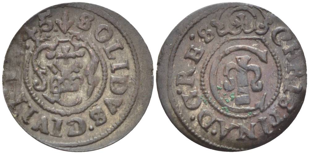 Ливония 1 солид (шелаг, шиллинг) 1645 КОРОЛЕВА КРИСТИНА (1632-1654), ШВЕДСКАЯ ОККУПАЦИЯ, ВЕС 0,7 ГР. KM 21 серебро 1517-1041