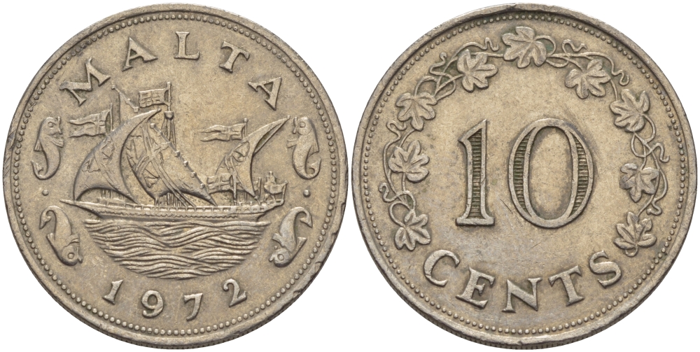 Мальта 10 центов 1972 баржа Великого магистра KM 11 медно-никель 82-414