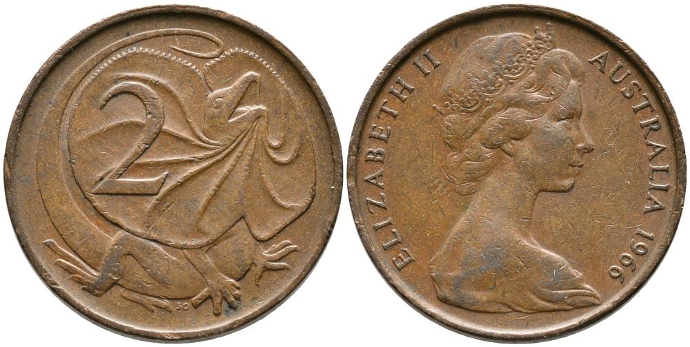 Австралия 2 цента 1966 Елизавета II (1952-), плащеносная ящерица KM 63 бронза 3336-743