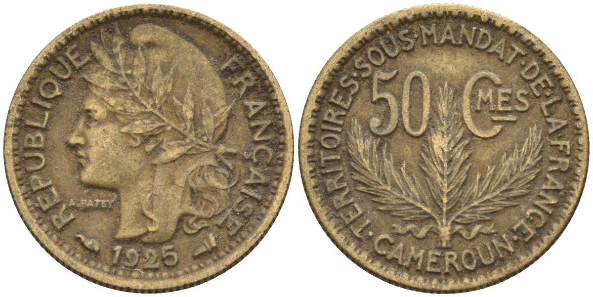 Французский Камерун 50 сантимов 1925 (а), монетный двор Париж KM 1 алюминиевая бронза 4164-1237