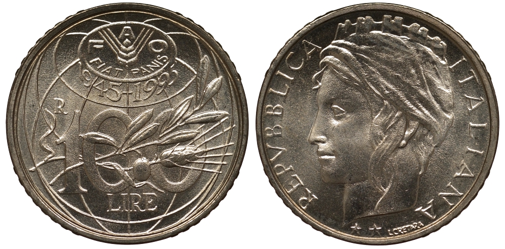Италия 100 лир 1995 R, FAO, 50 лет организации KM 180 медно-никель UNC M22-06
