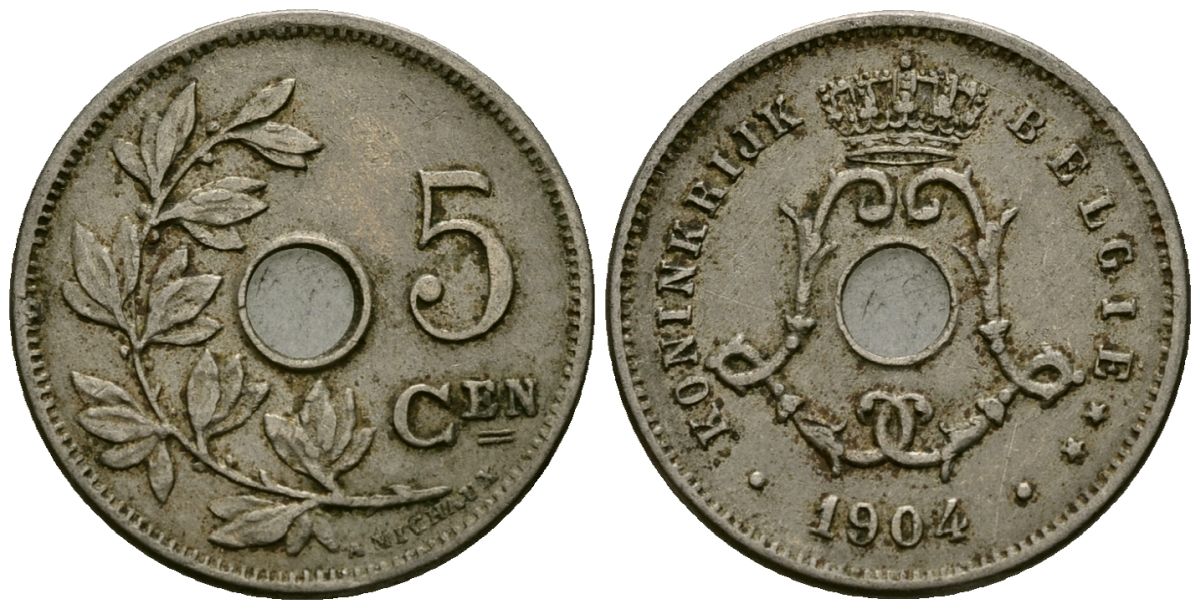 Бельгия 5 сантимов 1904 Belgie KM 55 медно-никель 4173-117