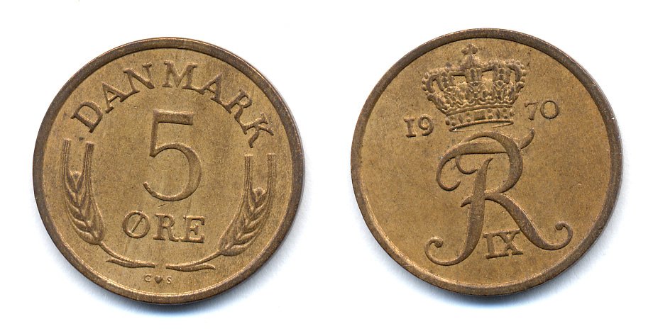 ДАНИЯ 5 ЭРЕ 1970 C; S, ФРЕДЕРИК IX (1947-1972) KM 848.1 бронза UNC 51-4341