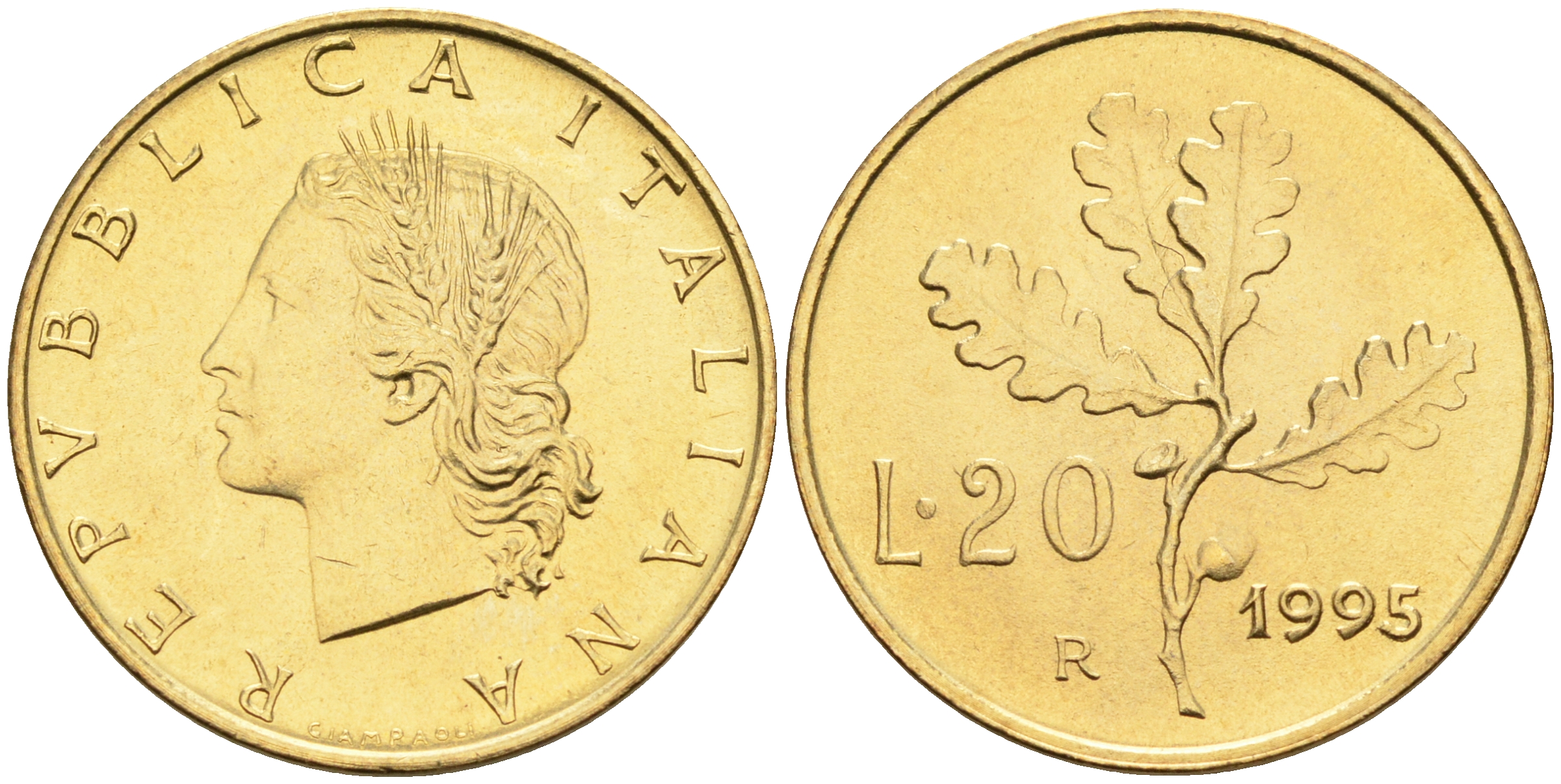 Италия 20 лир 1995 R, дубовый лист KM 97.2 алюминиевая бронза  UNC  4594-1013