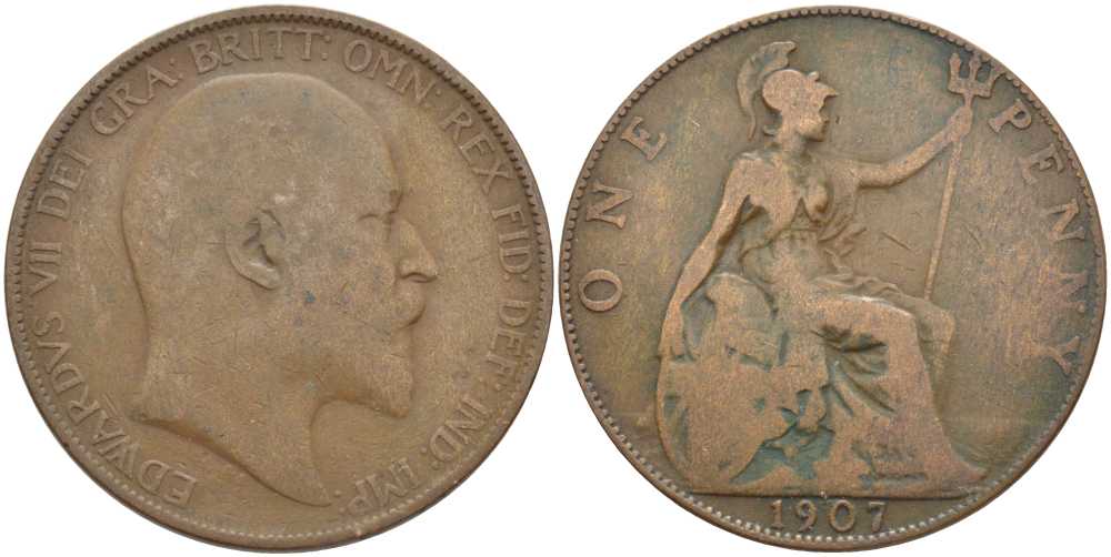 Великобритания 1 пенни 1907 Эдуард VII (1901-1910) KM 794.2, Spink 3990 бронза 4394-1025