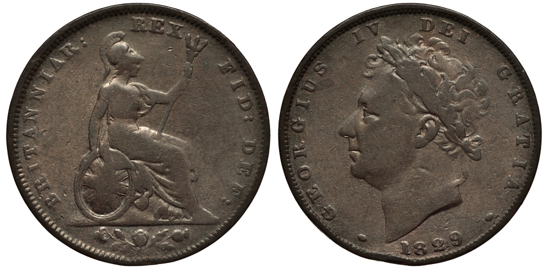 Великобритания 1 фартинг 1829 Георг IV (1820-1830) KM 697, Spink 3825 медь 106-835