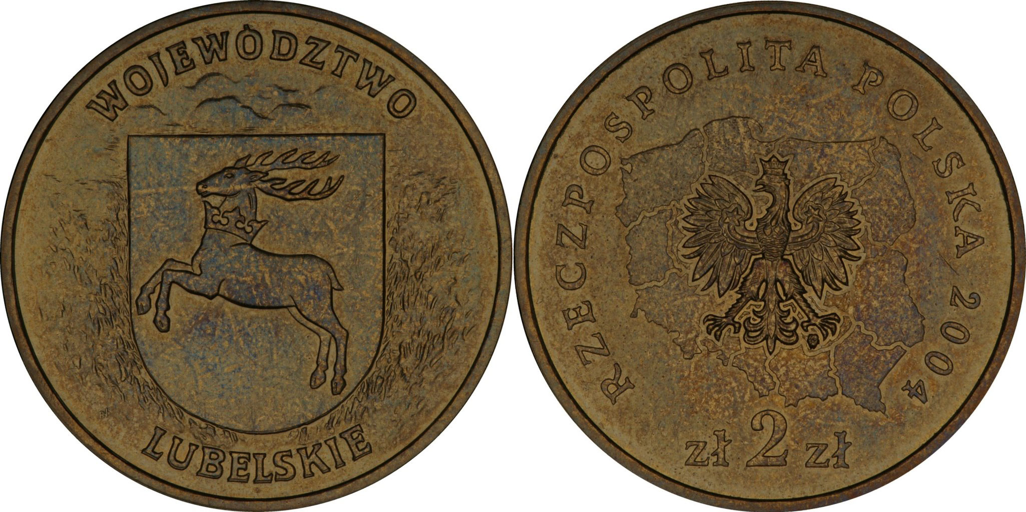 Польша 2 злотых 2004 MW, серия польские воеводства, Люблинское воеводство KM 514 нордик  UNC  3996-436