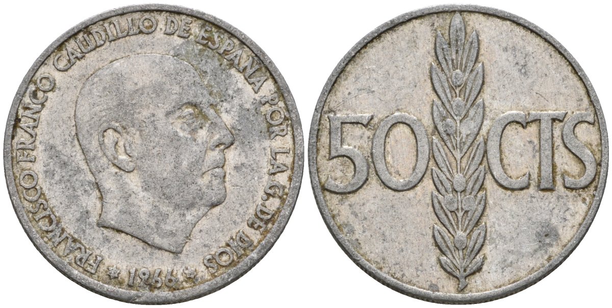 Испания 50 сентимо 1966 (68) Франсиско Франко (1939-1975) KM 795 алюминий 4388-651
