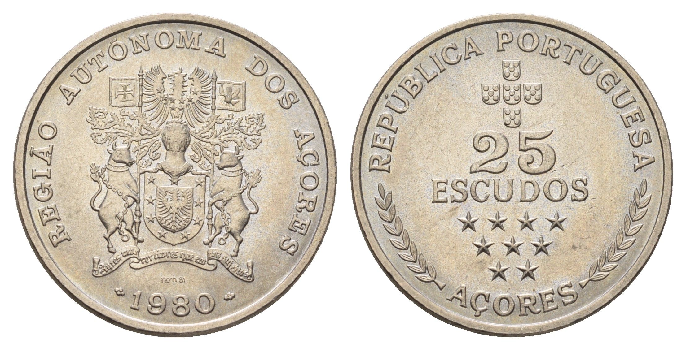 Португалия, Азорские острова 25 эскудо 1980 (1981) Автономная область Азорские острова KM 43 медно-никель UNC 4678-753