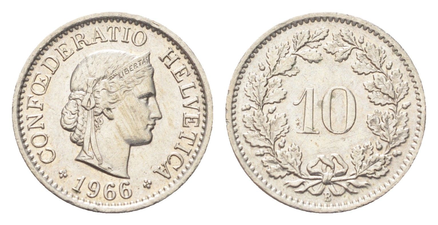 Швейцария 10 раппенов 1966 B KM 27 медно-никель 4708-215