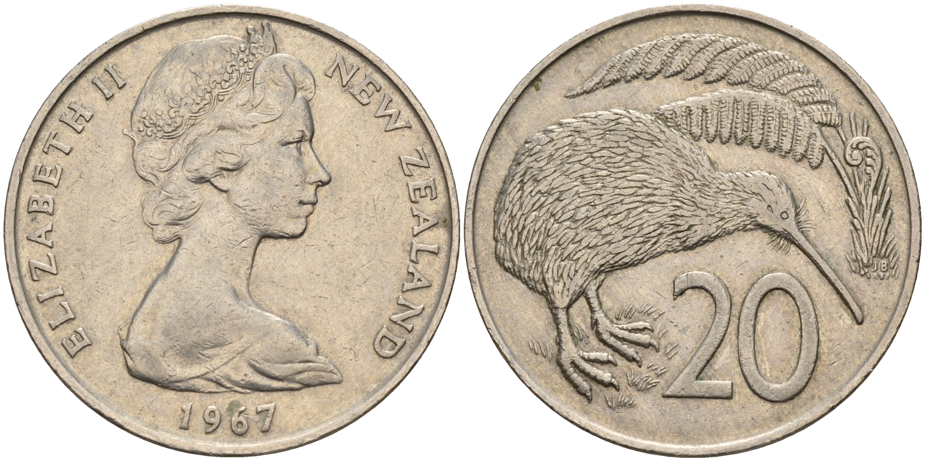 Новая Зеландия 20 центов 1967 Елизавета II (1952-2022), птичка киви KM 36.1 медно-никель  4599-612