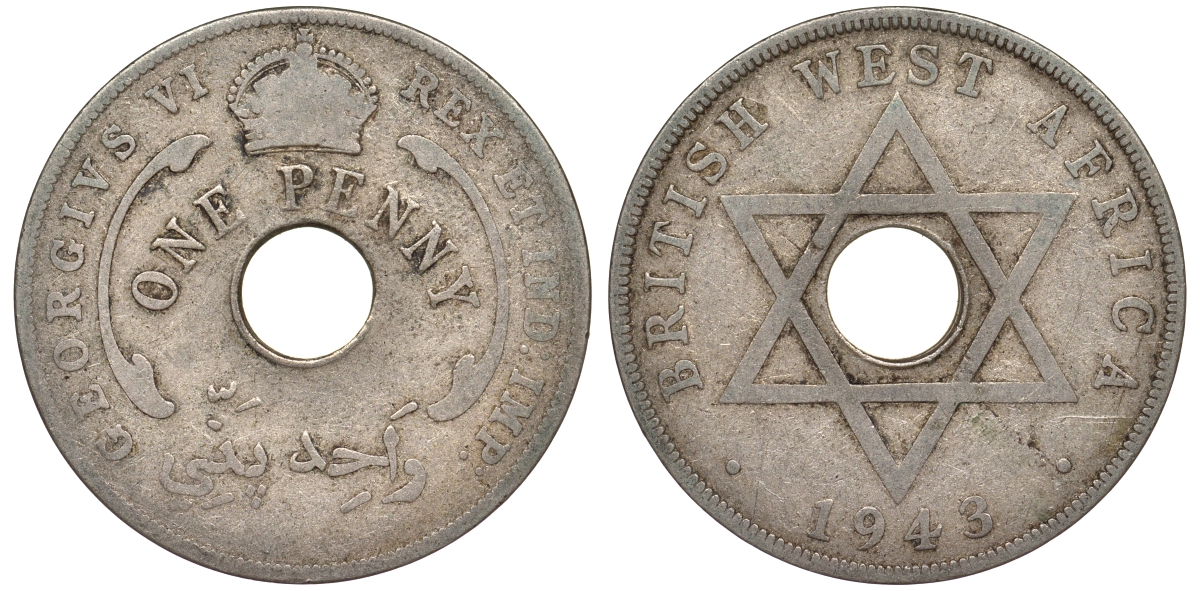 Британская Западная Африка 1 пенни 1943 Георг VI KM 19 медно-никель 25-2137